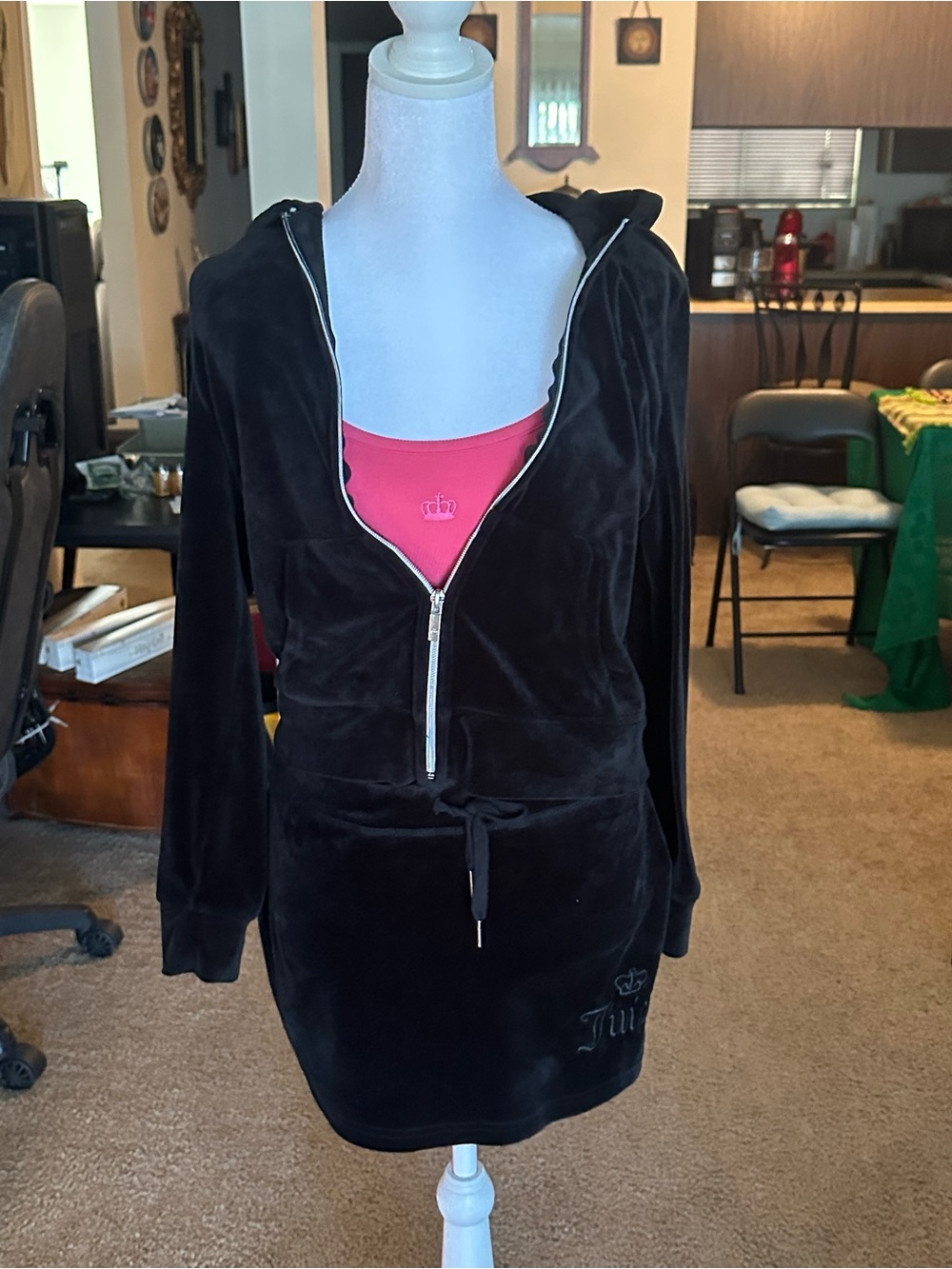 Juicy Couture Black Velour Zip Hoodie Dress with Pink Tank